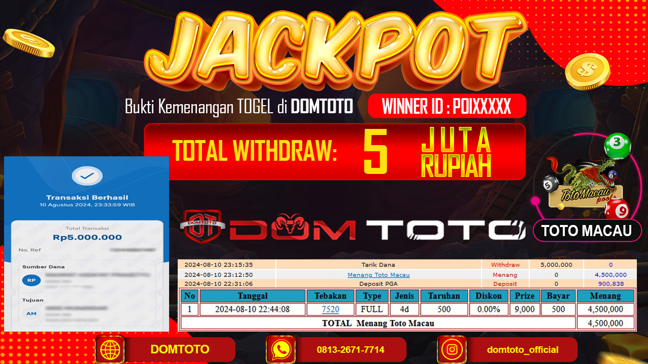 JACKPOT TOGEL TOTO MACAU 10 AGUSTUS 2024